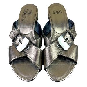 Stuart Weitzman Reptile Embossed Metallic Wedge Sandals Buckles Gold Size 7